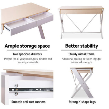 Artiss Metal Desk with Drawer - White with Oak Top