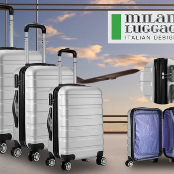 Milano XPander 3pc ABS Luggage Suitcase Luxury Hard Case Shockproof Travel Set - Silver