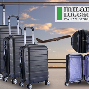 Milano XPander 3pc ABS Luggage Suitcase Luxury Hard Case Shockproof Travel Set - Black