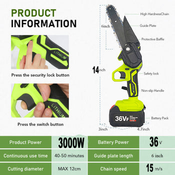 36V 3000W Mini Cordless Chainsaw 2X Battery-Powered Wood Cutter Rechargeable
