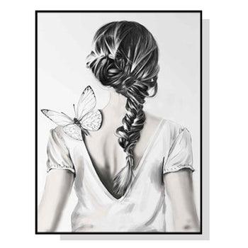 70cmx100cm Woman Back With Butterfly Black Frame Canvas Wall Art