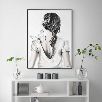70cmx100cm Woman Back With Butterfly Black Frame Canvas Wall Art