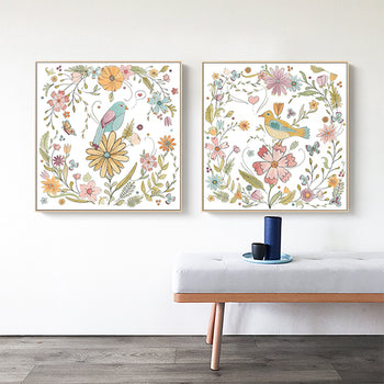 50cmx50cm Floral birds 2 Sets Gold Frame Canvas Wall Art