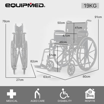 EQUIPMED Portable Folding Wheelchair 24 Inch 136kg Capacity Wheel Chair Retractable Armrests, Black