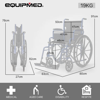 EQUIPMED Portable Wheelchair 24 Inch Folding Lightweight Wheel Chair,136kg Capacity Mobility. Blue
