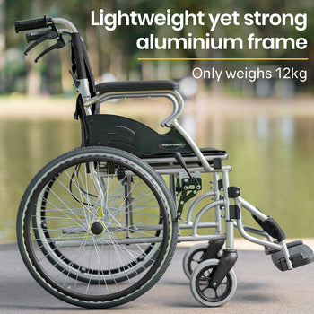 EQUIPMED 20 Inch Folding Wheelchair Lightweight Aluminium Portable with Park Brakes, Black