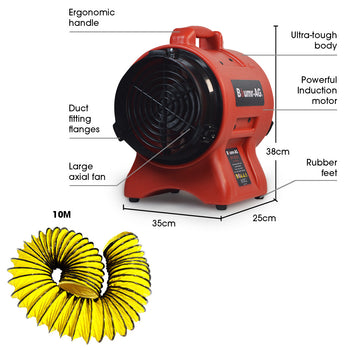 Baumr-AG 200mm (8 inch) Portable Axial Air Mover Blower Fan with 10m Ventilation Duct