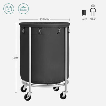 SONGMICS Laundry Basket with Wheels with Steel Frame and Removable Bag Black RLS001B01