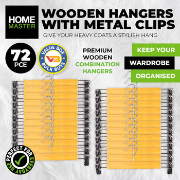Home Master 72PCE Wooden Trouser Hanger Adjustable Stainless Steel Clips 34cm