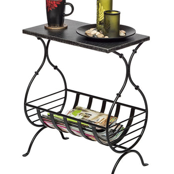 Black Iron Side Table with Magazine Storage and Silver Finish Top