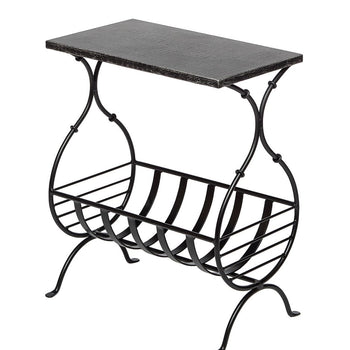 Black Iron Side Table with Magazine Storage and Silver Finish Top