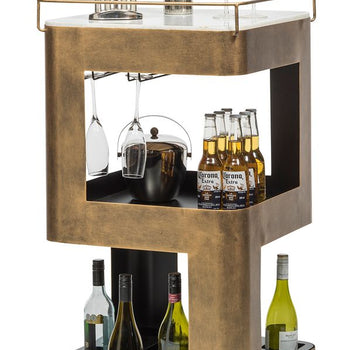 Contemporary French Brass Drinks Trolley Bar Cart with White Marble Top