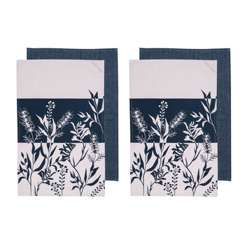 Ladelle Set of 4 Homespun Flower Cotton Kitchen Tea Towels 50 x 70 cm Denim